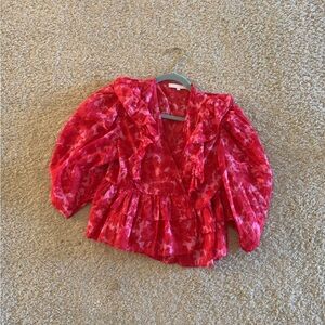 Olivaceous Red Floral Ruffled Blouse